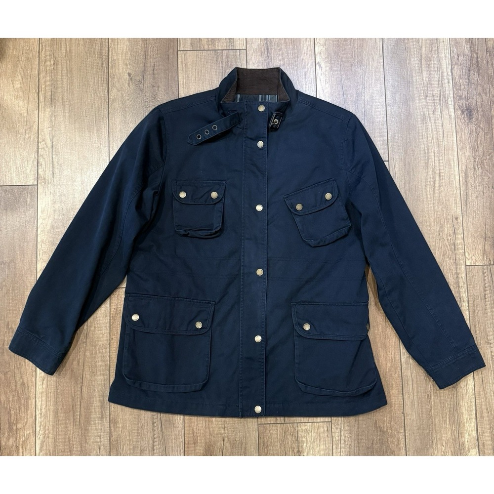 Orvis Navy Blue Cotton Field Jacket Heritage Utility Womens L Plaid Lined Belted